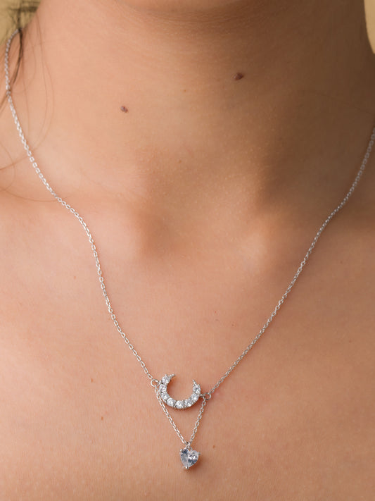 Hanging Moon Heart Pendant Chain - 925 Silver