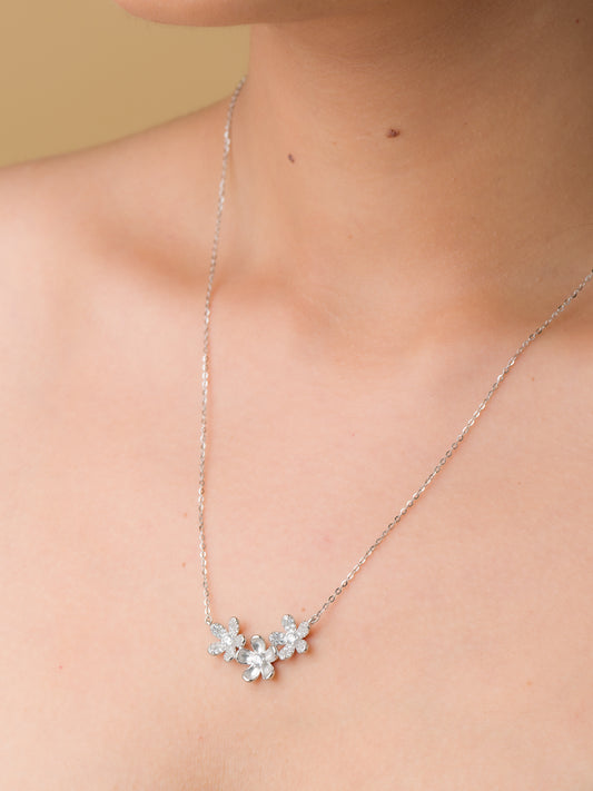Flower Trio Zircon Pendant Chain - 925 Silver
