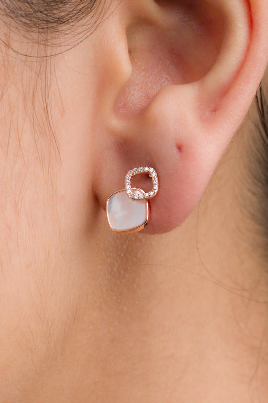 Dual Tone Mother Of Pearl Stud Earrings - 925 Silver