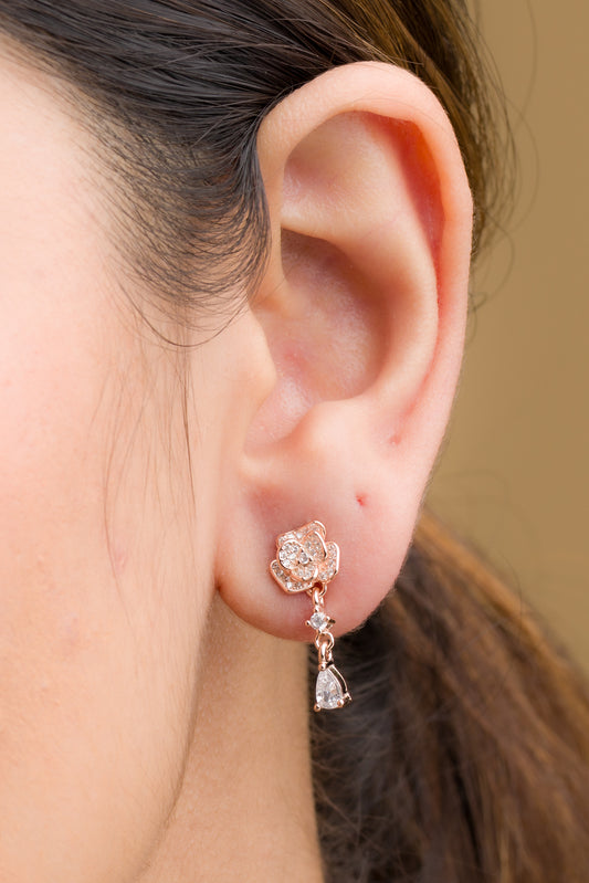 Rose Flower Zircon Dangler Earrings - 925 Silver