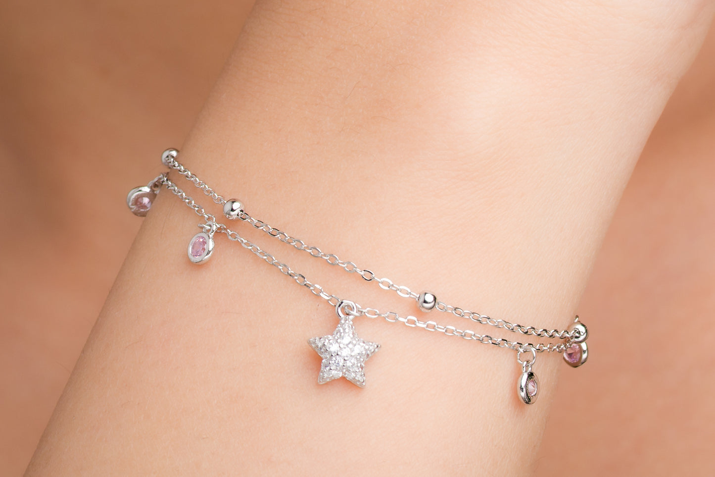 Zircon Star Charm Bracelet - 925 Silver