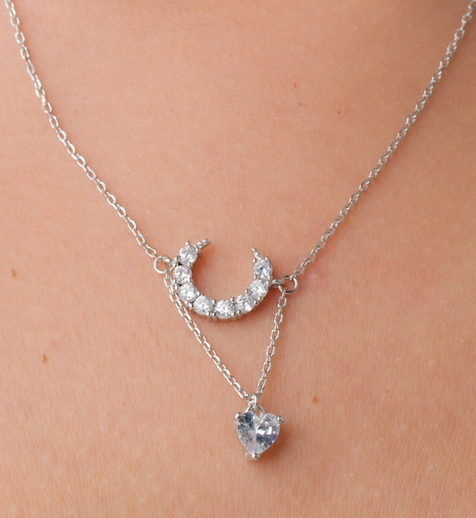 Hanging Moon Heart Pendant Chain - 925 Silver