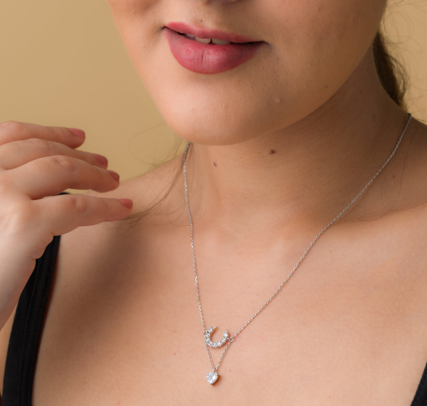 Hanging Moon Heart Pendant Chain - 925 Silver