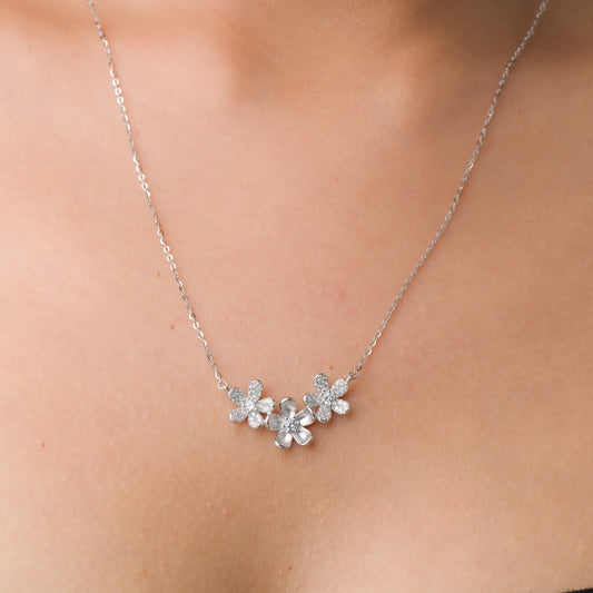 Flower Trio Zircon Pendant Chain - 925 Silver