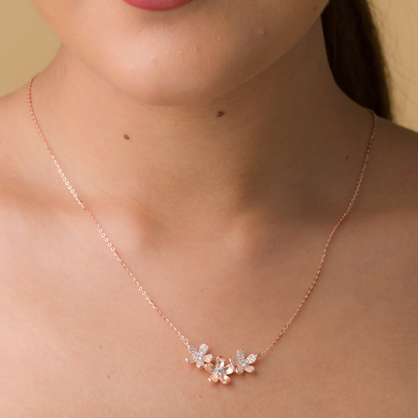 Flower Trio Zircon Pendant Chain - 925 Silver