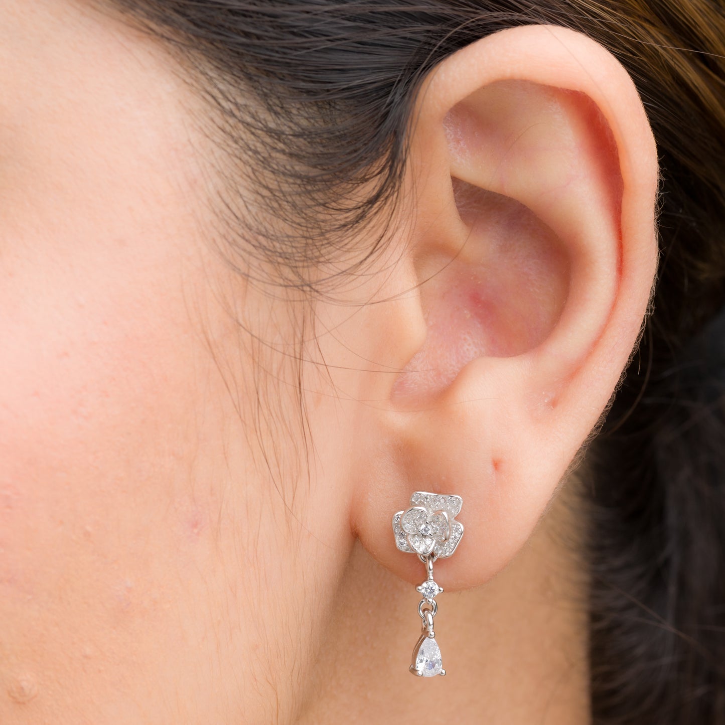 Rose Flower Zircon Dangler Earrings - 925 Silver