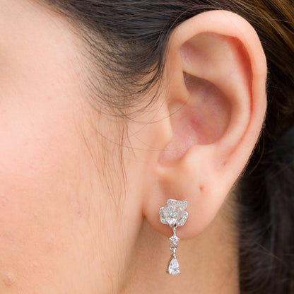 Rose Flower Zircon Dangler Earrings - 925 Silver