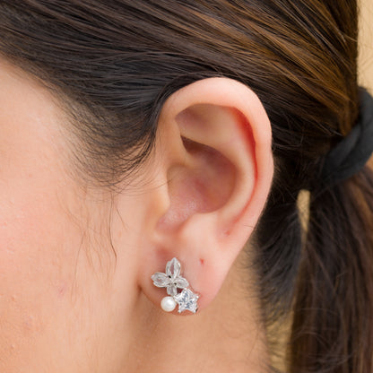 Pearl Zircon Fusion Stud Earrings - 925 Silver