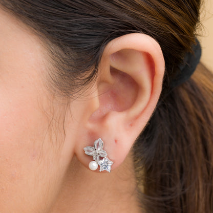 Pearl Zircon Fusion Stud Earrings - 925 Silver
