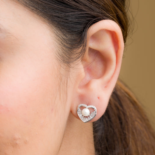 Pearl Heart Stud Earrings - 925 Silver