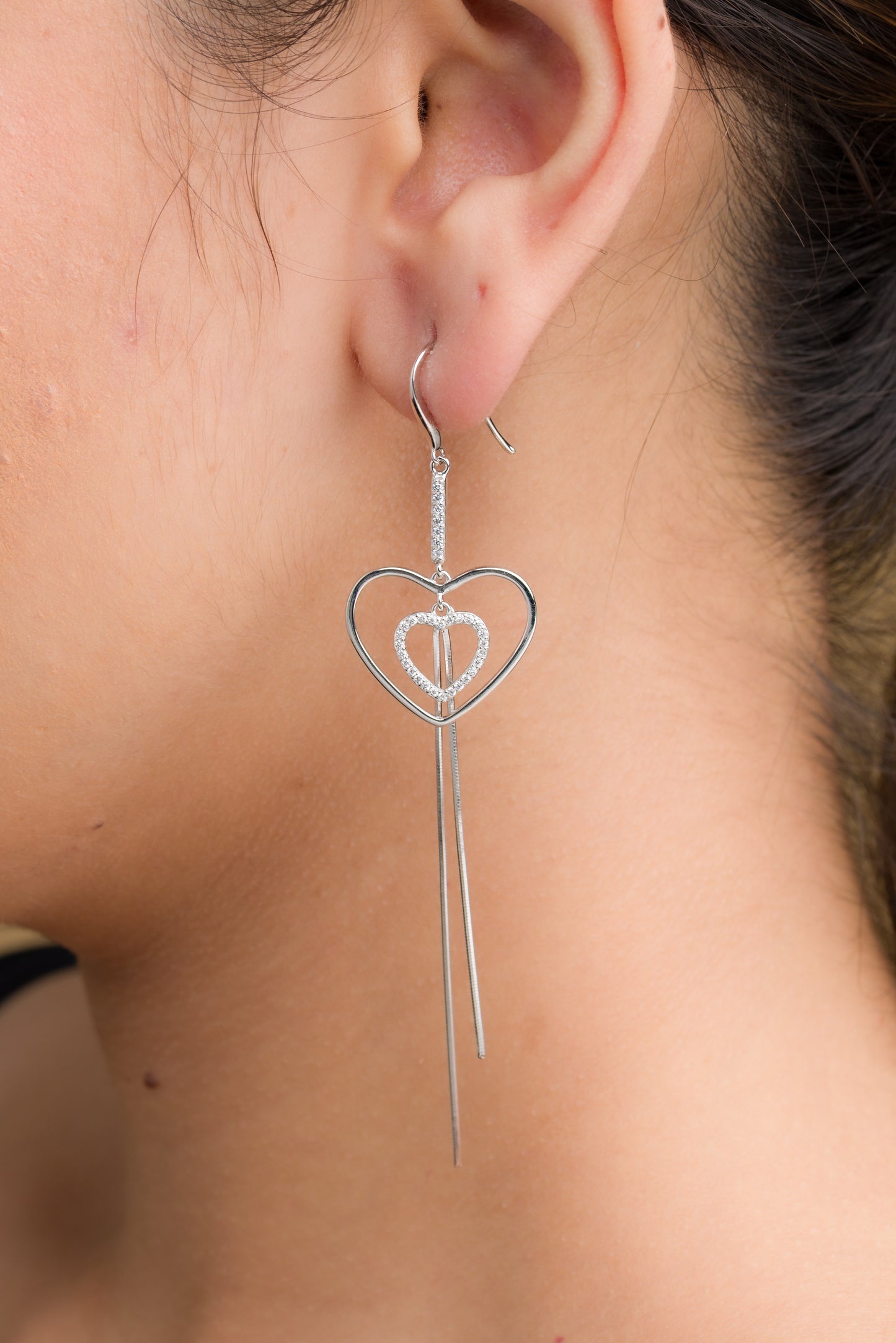 Hearts Dangle Earrings - 925 Silver