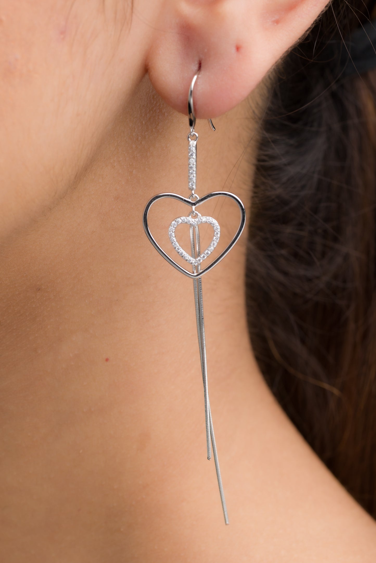 Hearts Dangle Earrings - 925 Silver