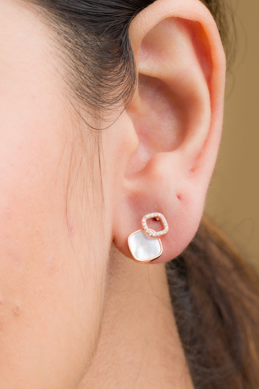 Dual Tone Mother Of Pearl Stud Earrings - 925 Silver