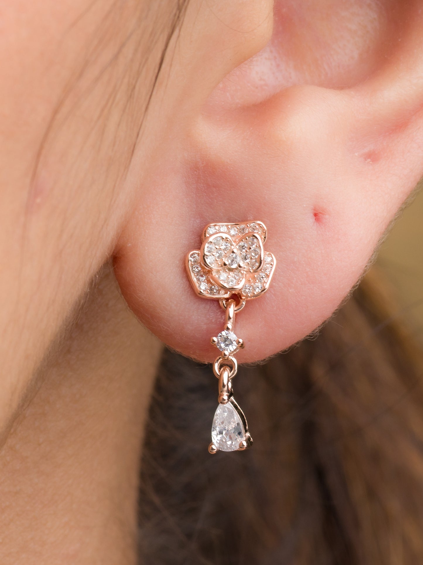 Rose Flower Zircon Dangler Earrings - 925 Silver