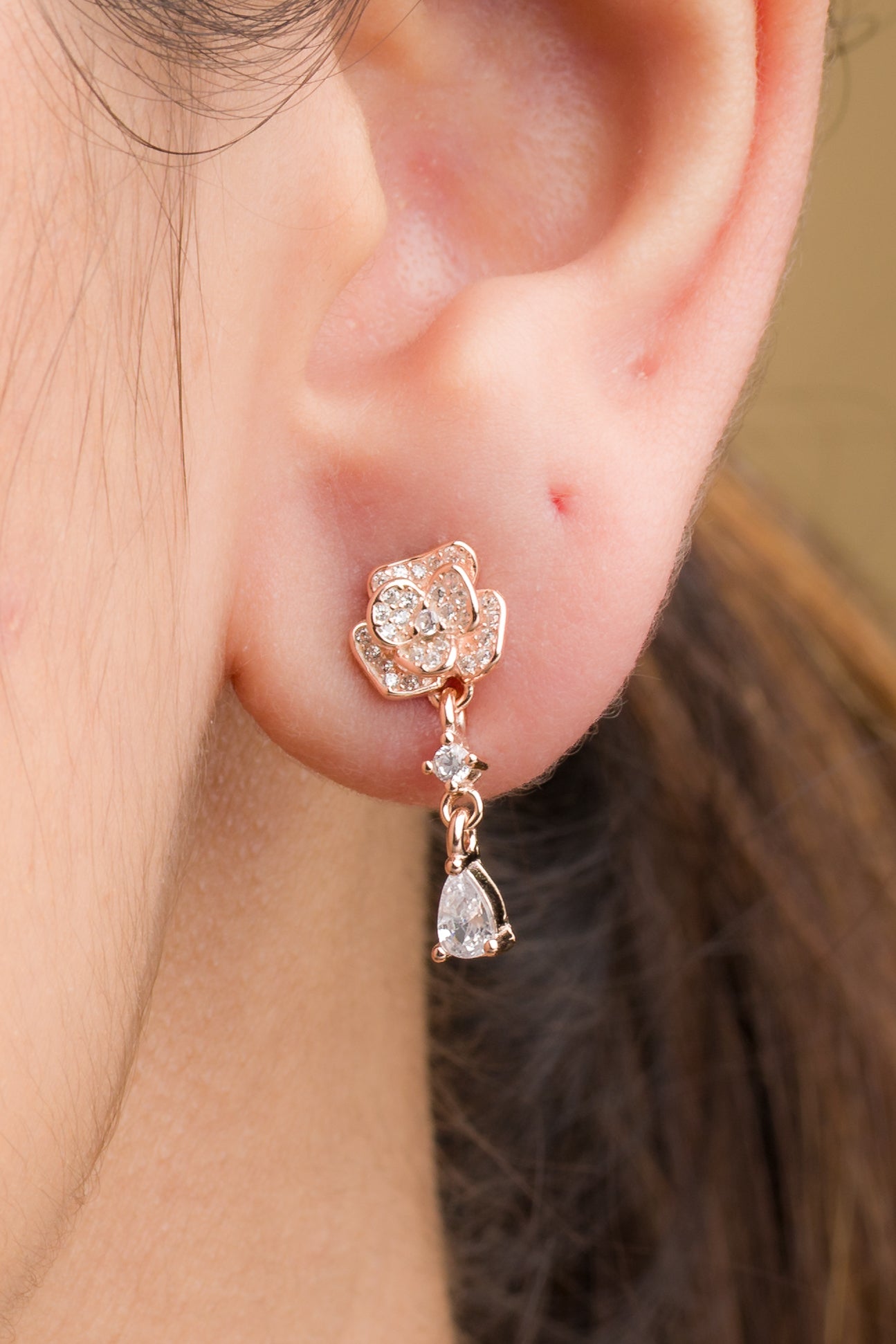 Rose Flower Zircon Dangler Earrings - 925 Silver